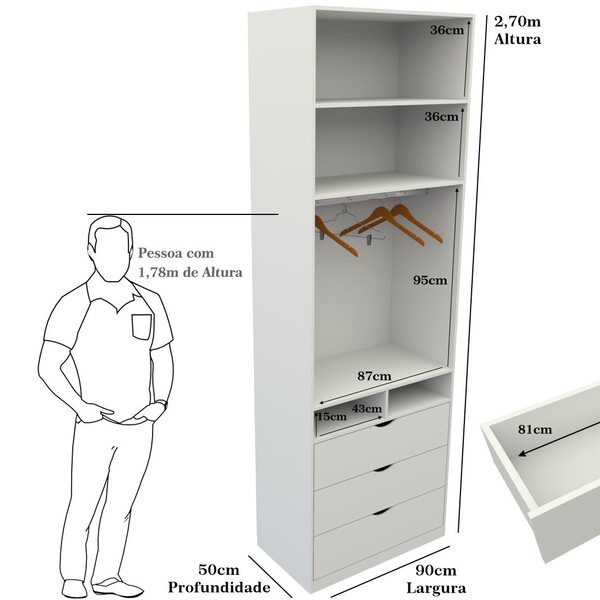 Armário Misto M21 Gaveta Arara Roupeiro 100% Mdf