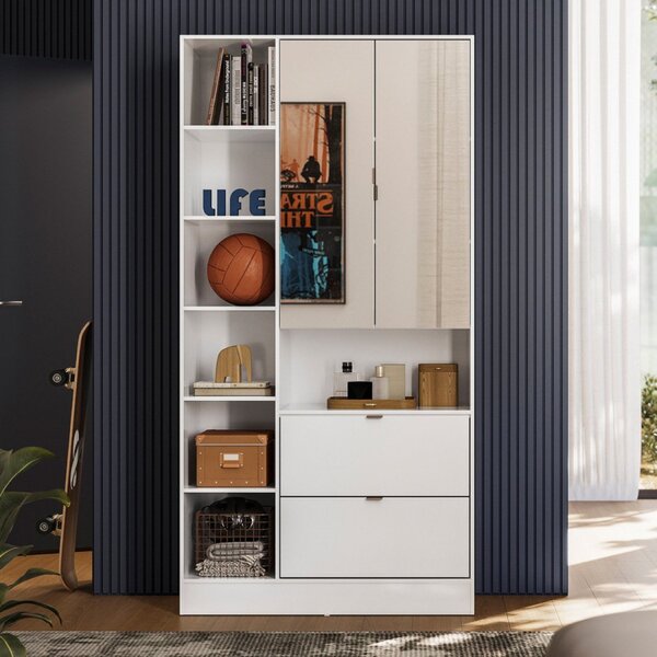 Armário Multiuso 2 Portas 2 Gavetas Com Espelho Joy Branco