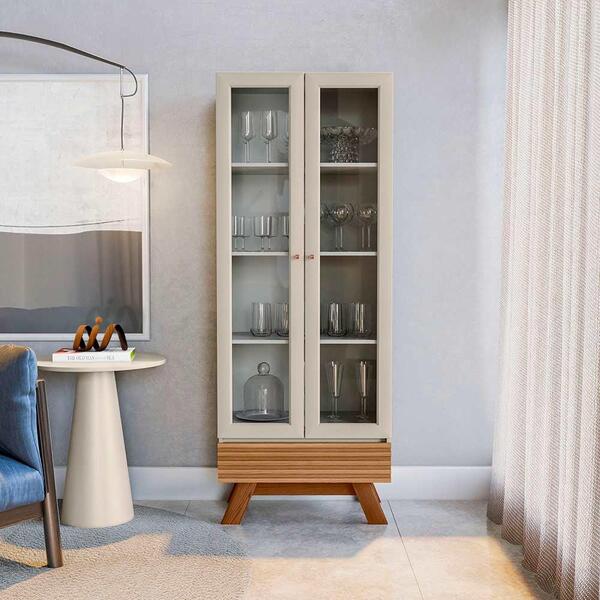 Armário Multiuso 2 Portas De Vidro Amêndoa Off White Marsala