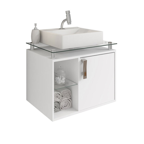 Armário Para Banheiro 60cm 01 Porta 01 Prateleira De Vidro Ma