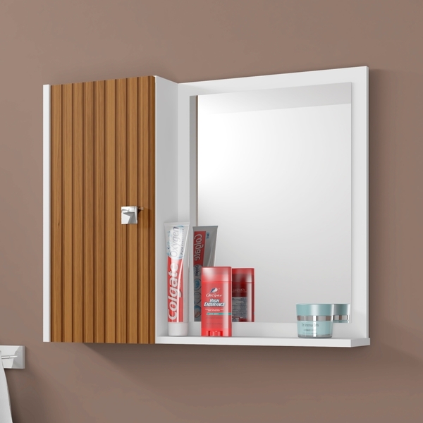 Armário Para Banheiro Com Espelho Maia Branco Ripas