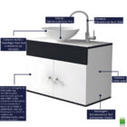 Armário Para Banheiro Suspenso Gabinete Com Cuba 60cm Ônix  B