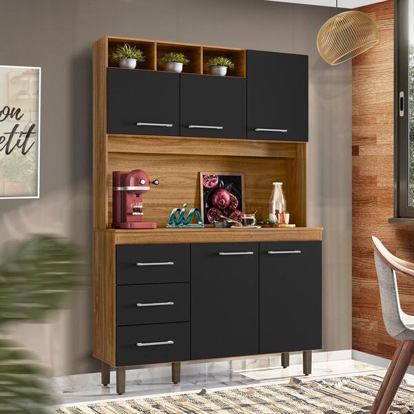 Armário Para Cozinha Pequena 5 Portas 3 Gavetas Nature Preto