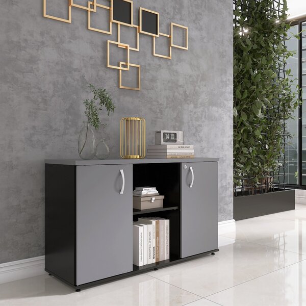 Armário Para Escritório 2 Portas Pivotantes Credenza Preto/gr