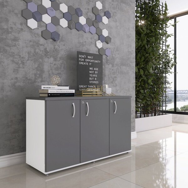 Armário Para Escritório 3 Portas Pivotantes Credenza Branco/g