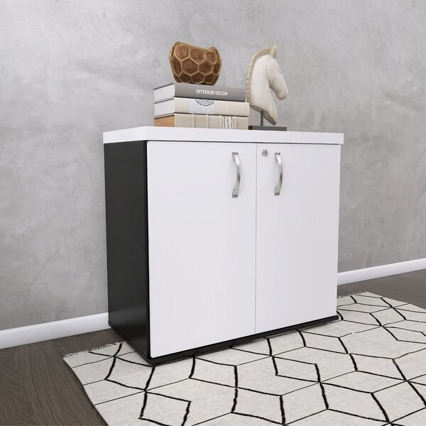 Armário Para Escritório Baixo 2 Portas Com Chave Preto/branco