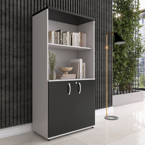 Armário Para Escritório Misto 02 Portas Pivotante Cinza/preto