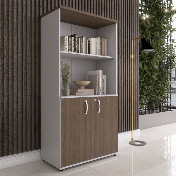 Armario Para Escritório Misto 02 Portas Pivotante Cinza/walnut