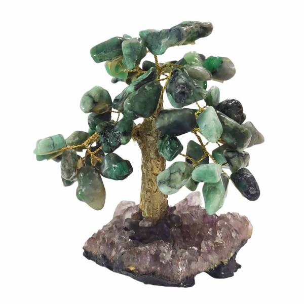 Árvore De Pedra Esmeralda Base Ametista Tronco Dourado 13cm