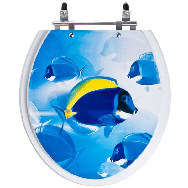 Assento Sanitario Laqueado Convencional Branco Decorado Peixe