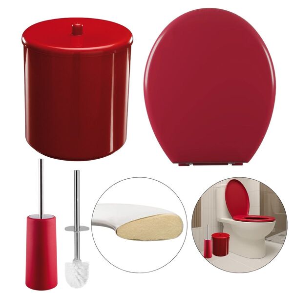 Assento Sanitário Oval Almofadado Vermelho + Lixeira Vermelha