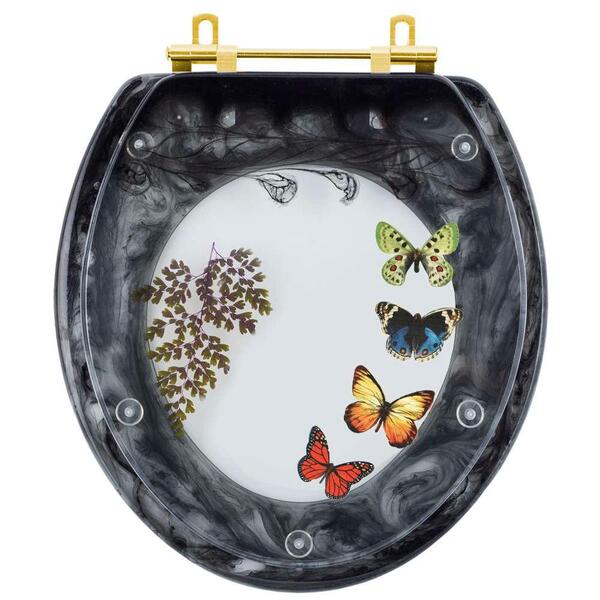 Assento Sanitário Poliester Oval Preto Decorado Borboletas Co