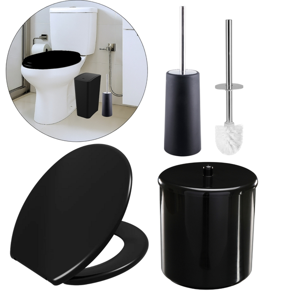 Assento Sanitário Tampa Oval Soft Preto + Lixeira Preta 6l Re