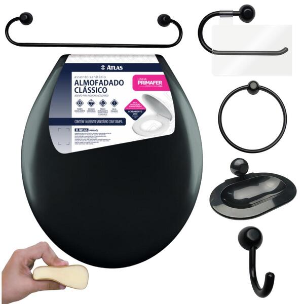 Assento Tampa Vaso Sanitário Oval Almofadado Preto + Kit Para