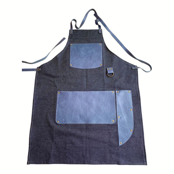 Avental Especial Em Jeans Azul E Couro - Feito No Brasil