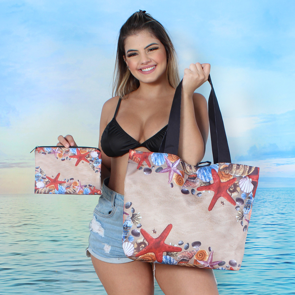 Bag Grande De Praia E Nescessarie Em Lona Conchas -b55