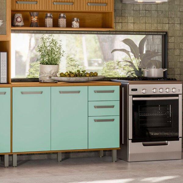 Balcão 120cm Com Tampo 3 Portas 2 Gavetas Criare Freijo/ Menta