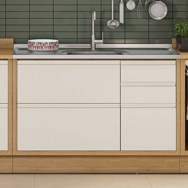 Balcão 120cm Mdf 1 Porta 4 Gavetas Com Pia Inox E Rodapé Em P