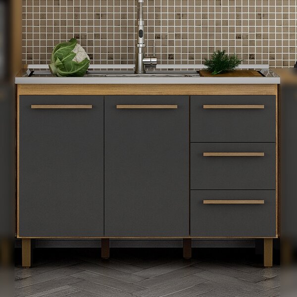 Balcão 2 Portas 3 Gavetas Para Pia Pérola Cinamomo/grafite