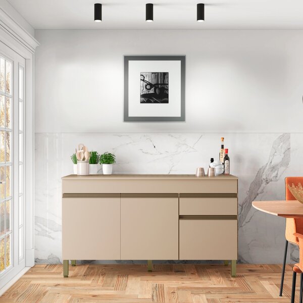 Balcão 3 Portas 1 Gaveta 150cm Com Tampo Line Vanilla