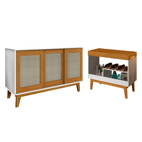 Balcão 3 Portas Palha Sintética E Adega Éricles Branco Madeira