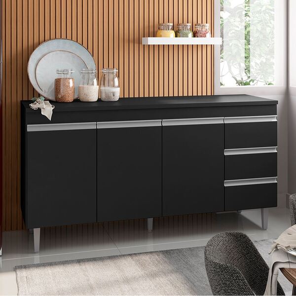 Balcão Andréia 160cm Com Tampo 3 Portas 3 Gavetas Preto - Wed