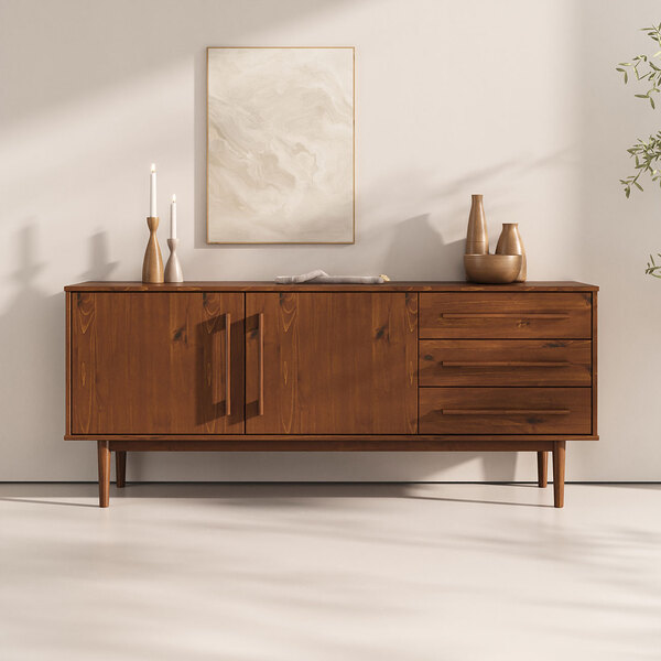 Balcão Aparador Moderno Madeira Pés Altos Castanho Tecca