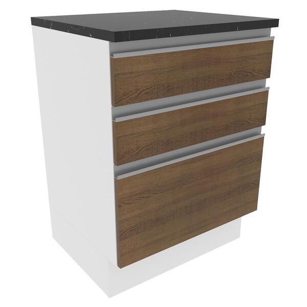 Balcão Armário De Cozinha 100% Mdf 60 Cm 3 Gavetas Branco/rus