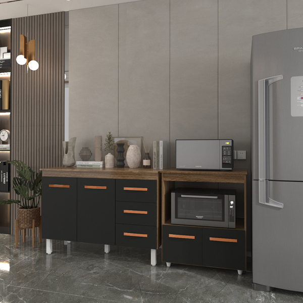 Balcão Armário Gabinete Bruna 118 Cm Savana Preto Com Tampo S