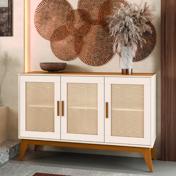 7THREE anela Classic Edition ショートボード Balcão Buffet Aparador Retrô 3 Portas Rattan Andorra Madeirado