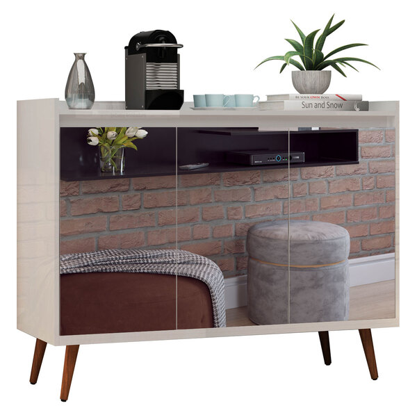 Balcao Buffet Retrô Com Espelho Delta 3 Portas Branco Gloss -