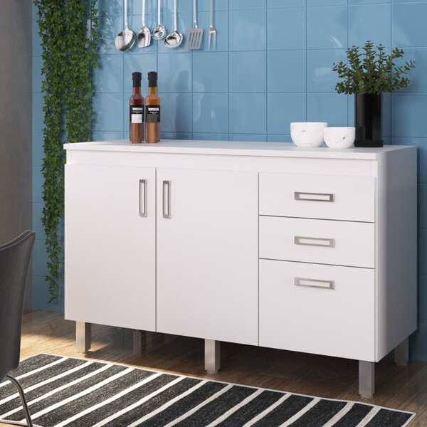 Balcão Com Tampo 120cm 3 Portas 2 Gavetas Flex Branco