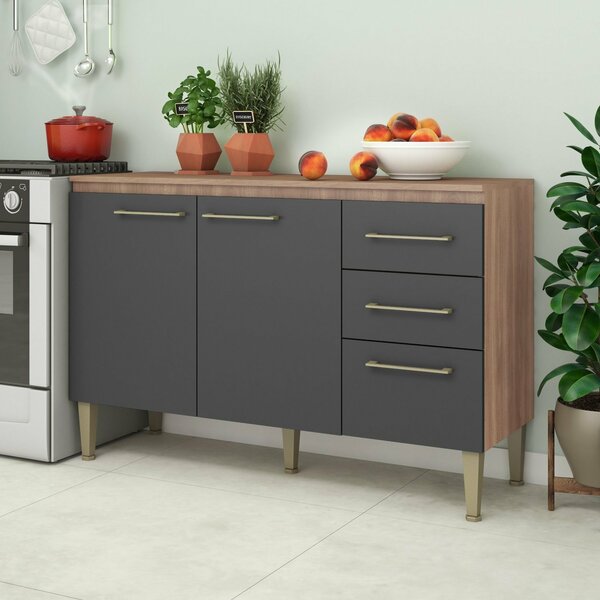 Balcão Com Tampo 120cm 3 Portas 2 Gavetas Malu Manchester/gra