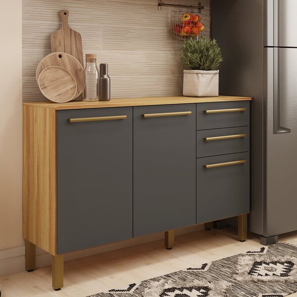 Balcão De Cozinha 120cm Com 3 Portas 2 Gavetas E Tampo 100% M