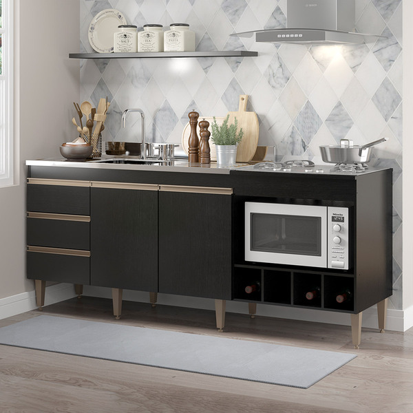 Balcão De Cozinha 183 Cm 2 Portas 3 Gavetas Mdp Preto 2035 Me