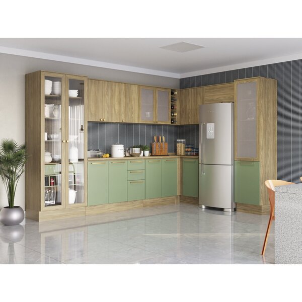 Balcão De Cozinha Canto 98cm 1 Porta Madeira  Nogueira/verde