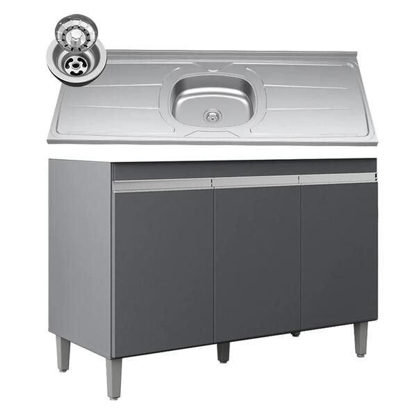 Balcão De Cozinha Com Pia Inox 120cm 3 Portas Manu Cinza - Aj