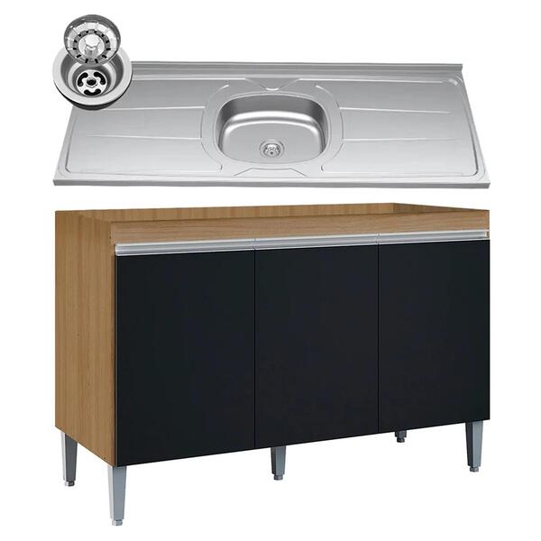 Balcão De Cozinha Com Pia Inox 120cm Manu Preto/amêndoa - Ajl