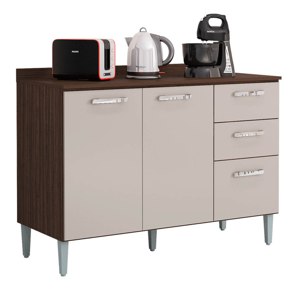 Balcão De Cozinha Com Tampo 120cm 3 Portas 2 Gavetas Livy P11