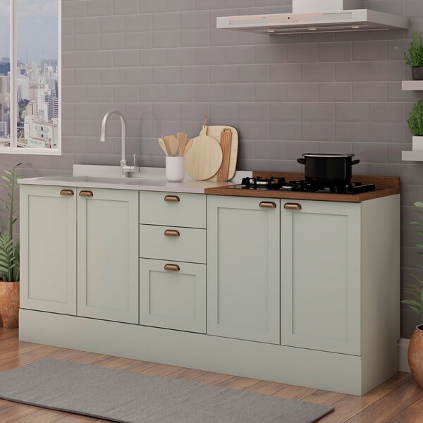 Balcão De Cozinha Iluminata 4 Portas 3 Gavetas 100% Mdf Mint/