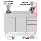 Balcão De Cozinha Lavanderia Com Tampo 02 Gavetas Beth 120 Cm