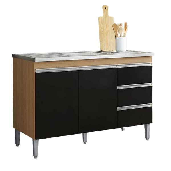 Balcão De Pia 120 Cm Adriana 2 Portas E 3 Gavetas Amêndoa/pre