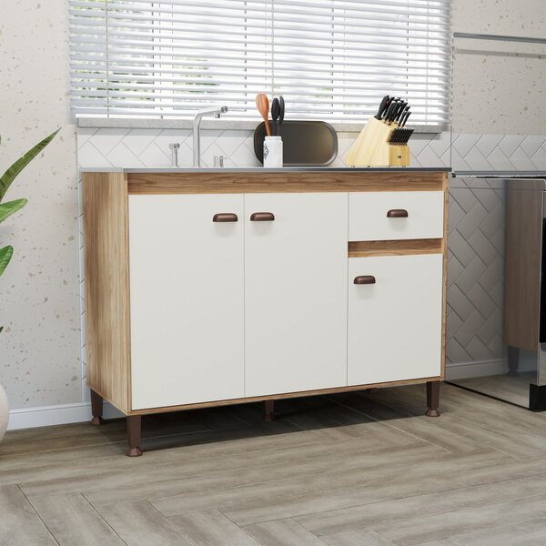 Balcão De Pia 120cm 3 Portas E 1 Gaveta Torino Mel / Off White