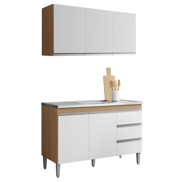 Balcão De Pia 120cm E Armário Aéreo Andreia Amêndoa Branco -