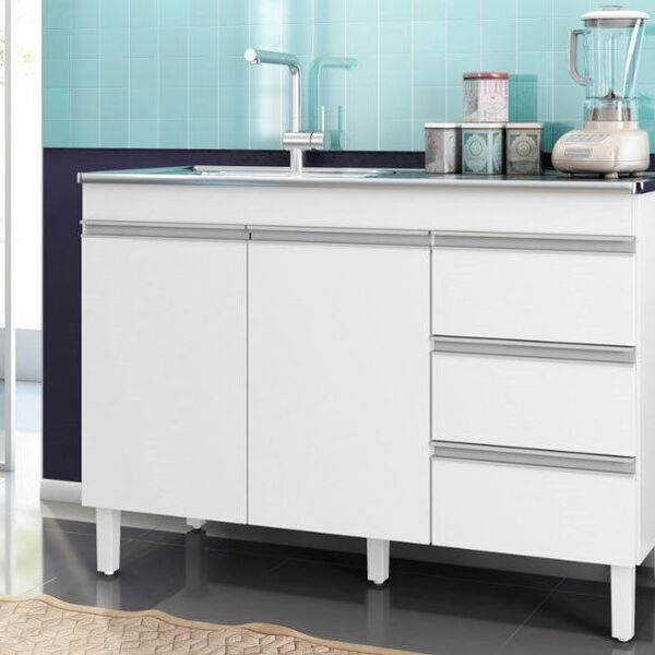 Balcão De Pia 2 Portas 3 Gavetas 119cm Karen Sem Tampo Branco