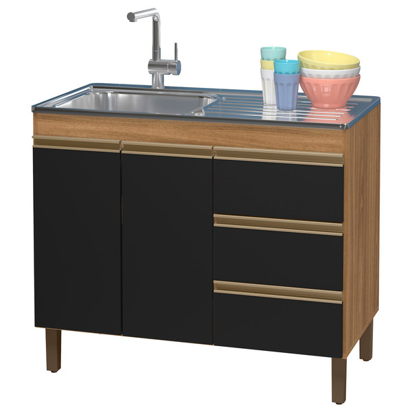 Balcão De Pia 2 Portas 3 Gavetas 99cm Karen Sem Tampo Nature