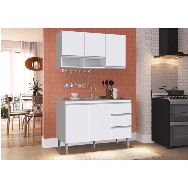 Balcão De Pia Sem Tampo E Armário Aéreo Athena Branco - Irm