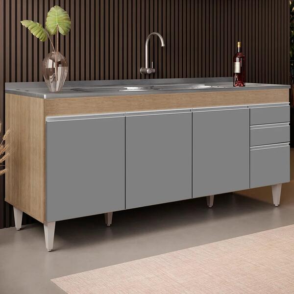 Balcão Gabinete Com Pia 180cm Dallas Castanho/cinza - Lumil