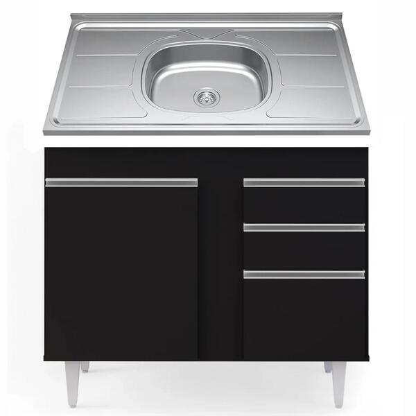 Balcão Gabinete Com Pia Inox 100cm 2 Portas 2 Gavetas Luziani