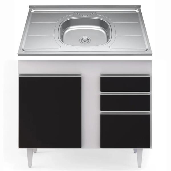 Balcão Gabinete Com Pia Inox 100cm 2 Portas 2 Gavetas Luziani